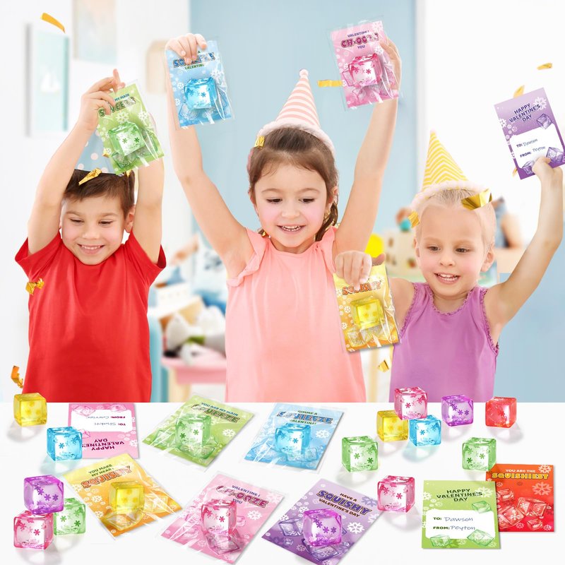 Valentines Day Cards Gifts for Kids School, 24 Pack Snow Cube Squeeze Balls with Greeting Cards for Kids Classroom Exchange Prizes, Stretchy Toy Balls Bulk Gift, Squeeze Fidget Toy for Party Favors