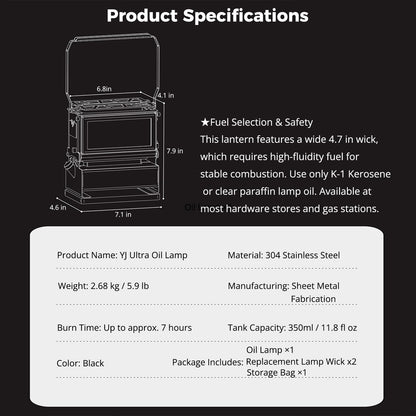 BLACKSOLID YJ Ultra Iron Stove Oil Lantern, 3-Sided Flame View with Removable Deer Silhouette, 304 Stainless Steel Oil Lamp for Camping & Emergency, Storage Bag Included