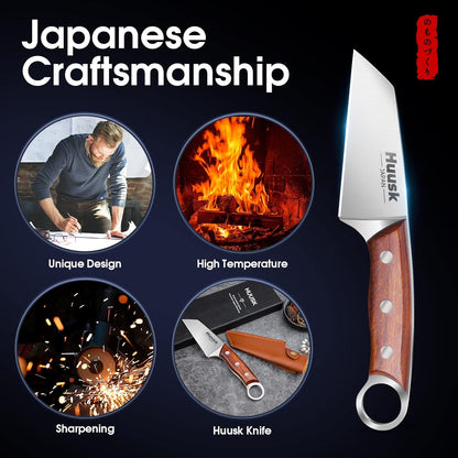 Huusk Japan Small Meat Knife, Portable Kitchen Knives for Steak, Fruit, Carbon Steel Boning Knife, Vegetable Knife with