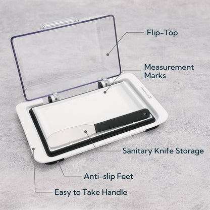KITCHENDAO Airtight Flip-Top Butter Dish with Lid and Knife Spreader for Countertop and Refrigerator, Butter Keeper, Plastic Butter Holder Tray for 2 Sticks East Coast/ West Coast/ Kerrygold Butter