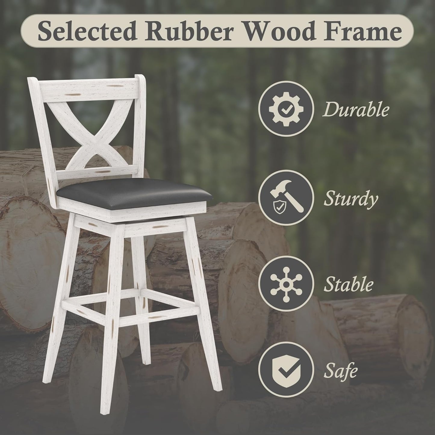 Callales Swivel Bar Stools Set of 4, Farmhouse 24" Counter Height Barstools with X Carved Backs, Wooden Bar Chair with Solid Wood Legs & Footrest for Kitchen Island, Home Bar, Pub. Antique White