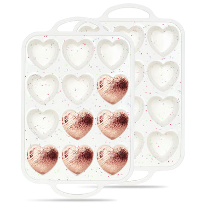 AOTASO 2 Pcs Heart Shaped Muffin Pan with Metal Reinforced Frame 12 Cup Nonstick Silicone Heart Cake Mold for Baking 2.5 Inch Cupcake Tray (Cream)