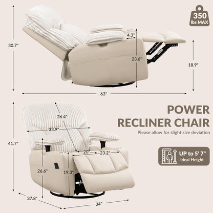 GRAINELL Swivel Rocker Recliner Chair with Massage and Heat, USB Charging Port, Infinite Position Power Recliner, Electric Glider Rocking Chairs for Living Room, Nursery (Lvory)
