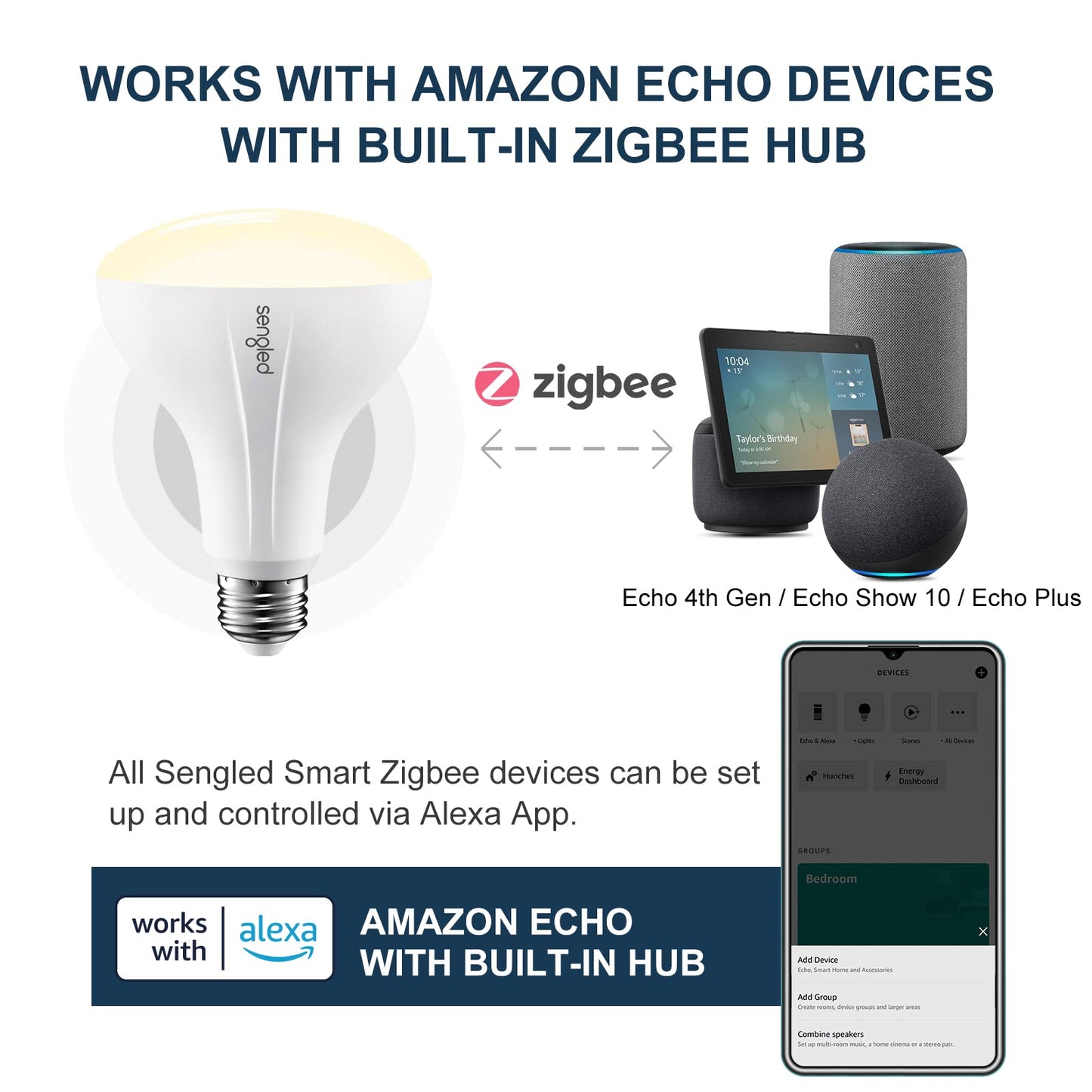 Sengled Smart Light Bulbs, Zigbee Hub Required, Works with Alexa and SmartThings, Voice Control with Google Home and Echo with built-in Hub, Soft White 60W Equivalent A19 Dimmable Smart Bulbs, 4-Pack