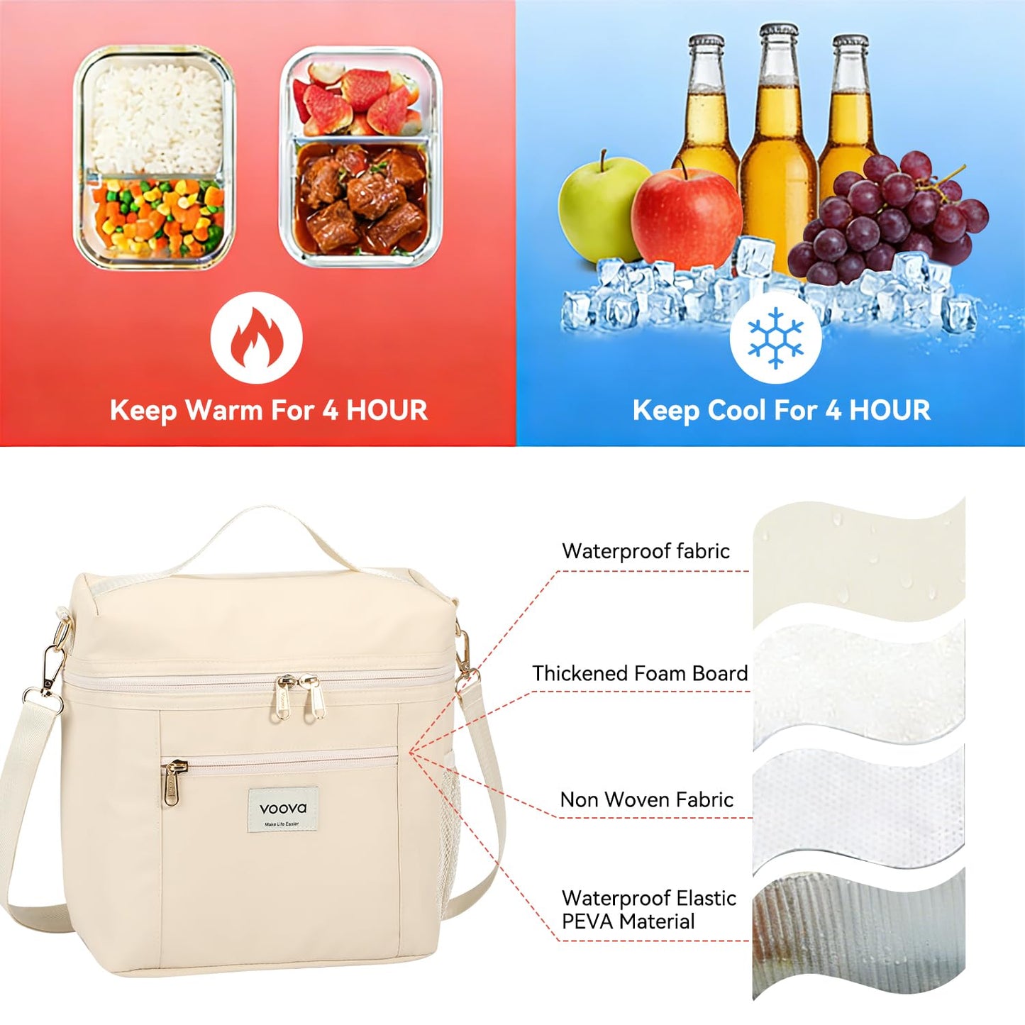 Voova Lunch Bag for Women, Insulated Lunch Box with Shoulder Strap, Adult Reusable Lightweight Nylon Waterproof Lunchbox Lunch bags for Work, Beige