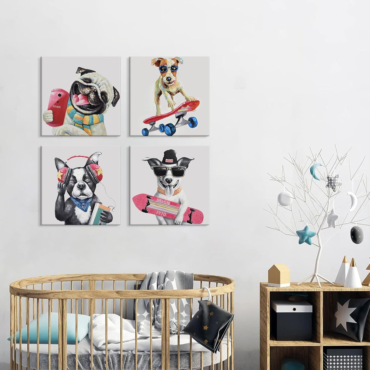 12'' 12'' 4 SEVEN WALL ARTS Colorful Gallery Pet Canvas Painting Puppy Artwork Abstract Hip-hop Dog Cartoon Picture