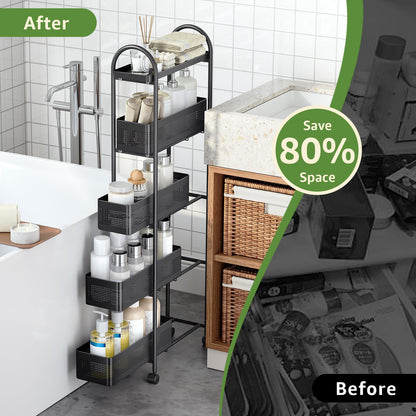 KINGRACK Slim Storage Cart with Drawer, 5-Tier Rolling Utility Cart on Wheels, Narrow Metal Cart for Space Save, Easy Assembly for Kitchen Cart, Craft Cart, Laundry, Bathroom, Nursery Organizer