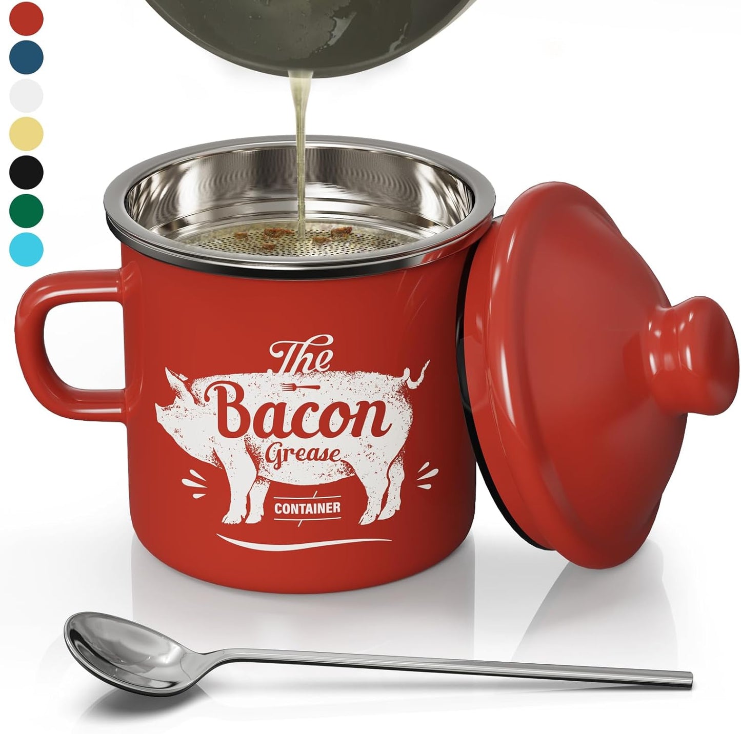 15OZ PGYARD Mini Bacon Grease Container With Strainer - Enamel Grease Saver, Farmhouse Bacon Grease Keeper For Kitchen