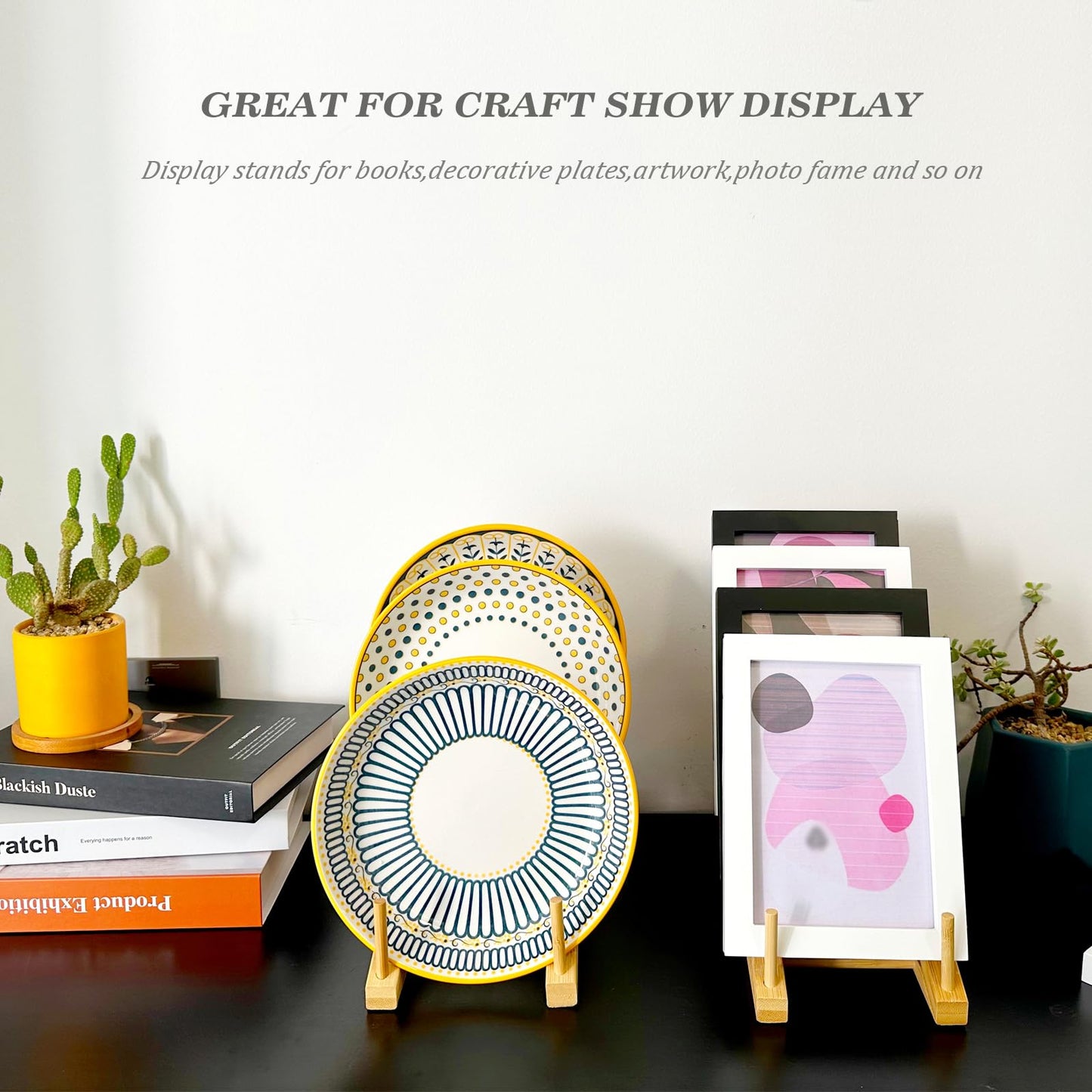 SRYESA 2 Pack Plate Stands For Display,Wooden Plate Holders for Displaying,5-Tier Craft Show Display Stands For Tabletop Book, Artwork, Photo, Puzzle, Magazine and Platter