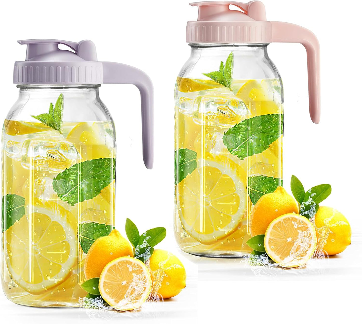 2 64 oz Mason Jar with Pour Spout Lid V-shaped, Quart Iced Tea Pitcher Double Leak Proof, Drink Pitcher for Breastmilk