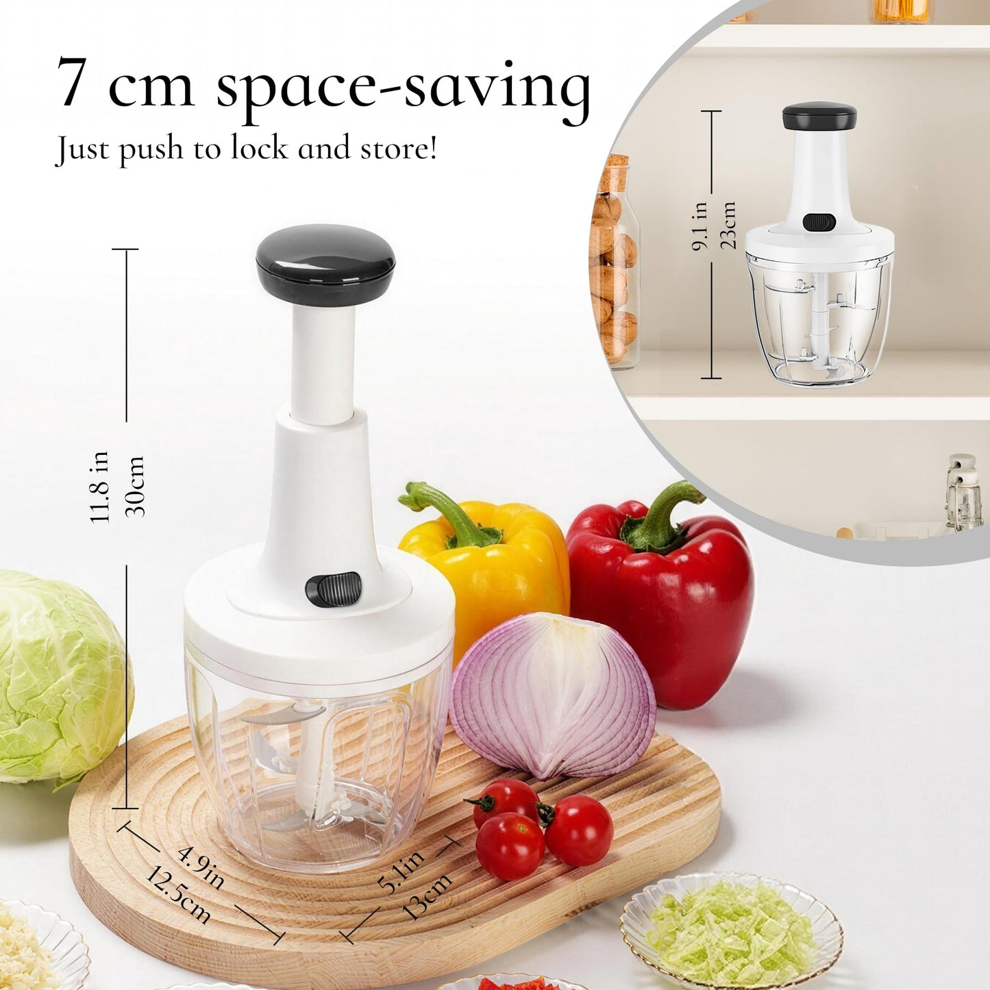 Manual Food Chopper Hand Push Express Vegetable Dicer Mincer Sharp Blades Onion Cutter Garlic Mincer with Container for Chili Meat Nuts Herbs, Dishwasher Safe