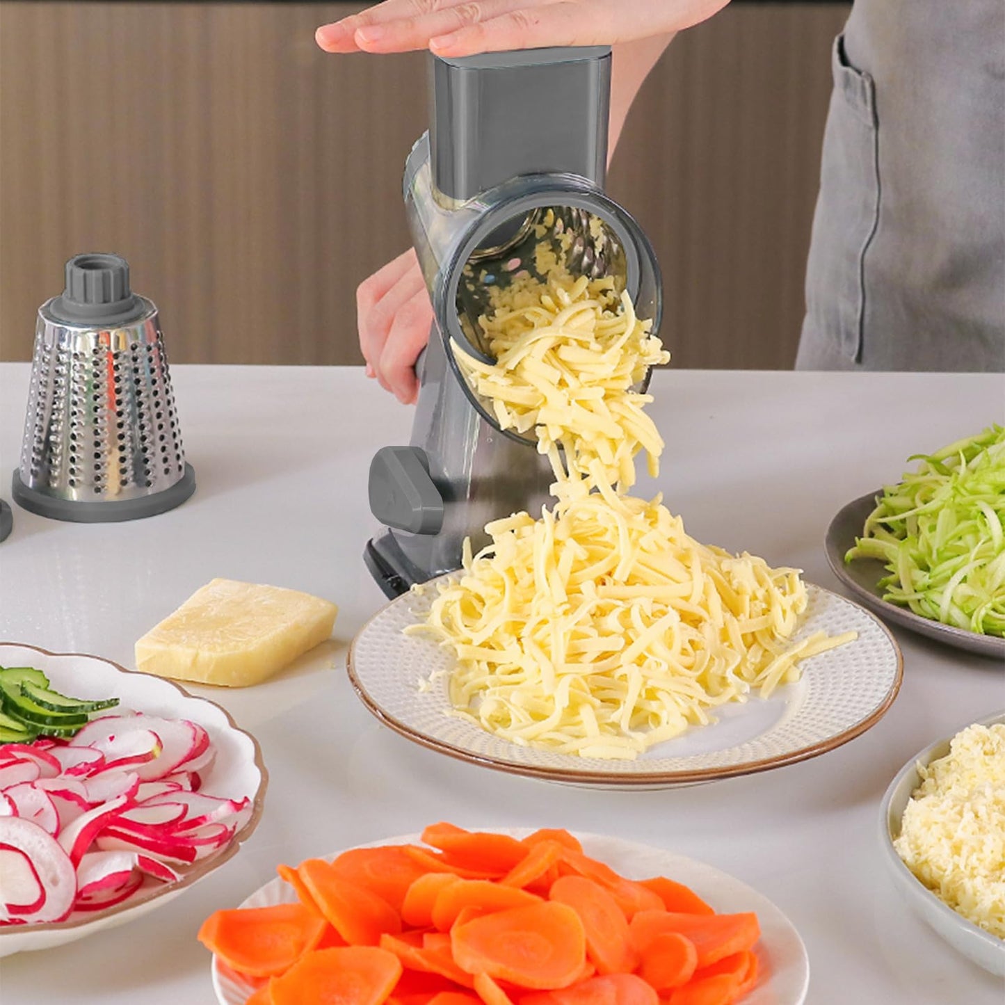 KalraMay Cheese Grater,Rotary Cheese Grater with Handle, Multifunctional Rotary Cheese Shredder Effortlessly Grates Cheese, Vegetables, and Fruits (Gray)