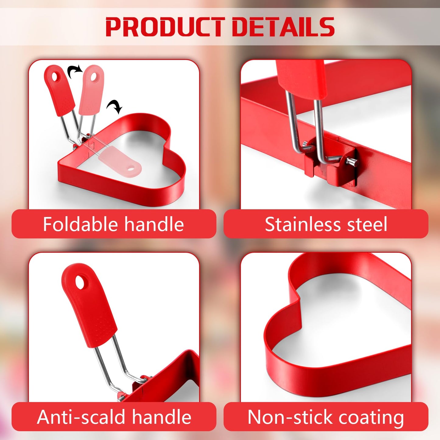 Patelai 6 Pcs Heart Pancake Mold Fried Hearts Shape Fried Egg Ring Set Stainless Steel Pancake Molds with Silicone Handle for Mothers Day Gift Breakfast Omelette Sandwich(Heart Style,4 Inch, 6 Inch)