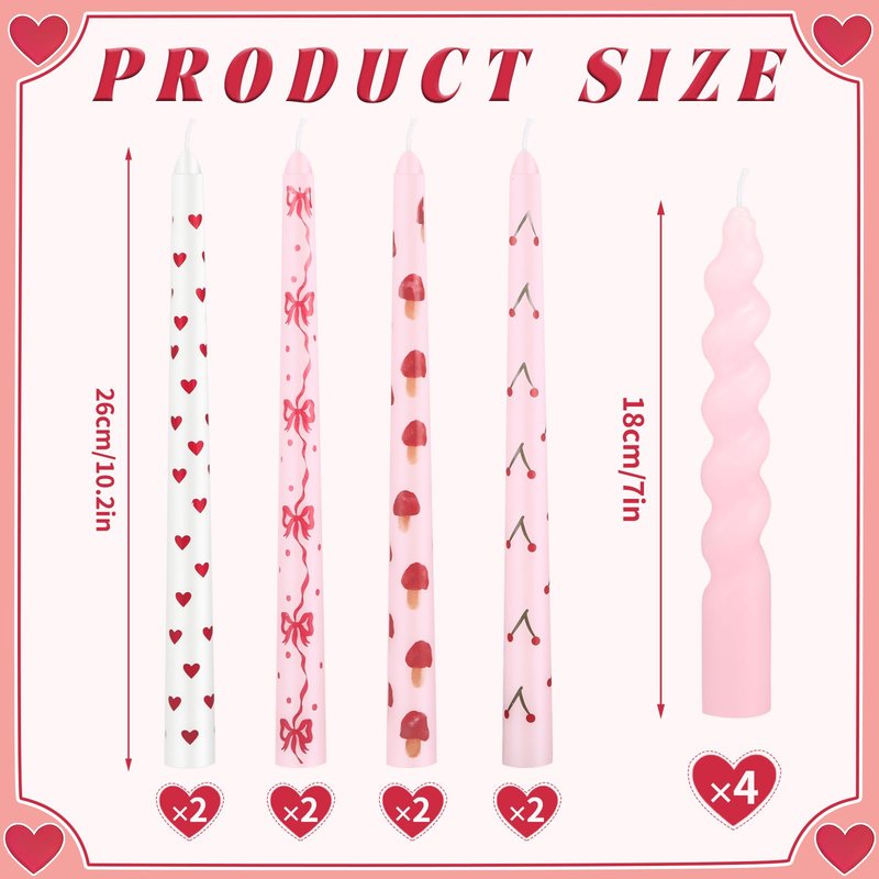 Nuanchu 12 Pcs Galentine's Day Taper Candles Valentines Heart Bow Pink Spiral Candle Sticks Real Wax for Valentines Day Bridal Shower Wedding Anniversary Birthday Dinner Table Home Decor
