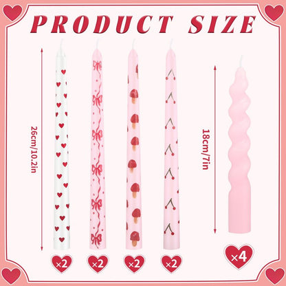 Nuanchu 12 Pcs Galentine's Day Taper Candles Valentines Heart Bow Pink Spiral Candle Sticks Real Wax for Valentines Day Bridal Shower Wedding Anniversary Birthday Dinner Table Home Decor
