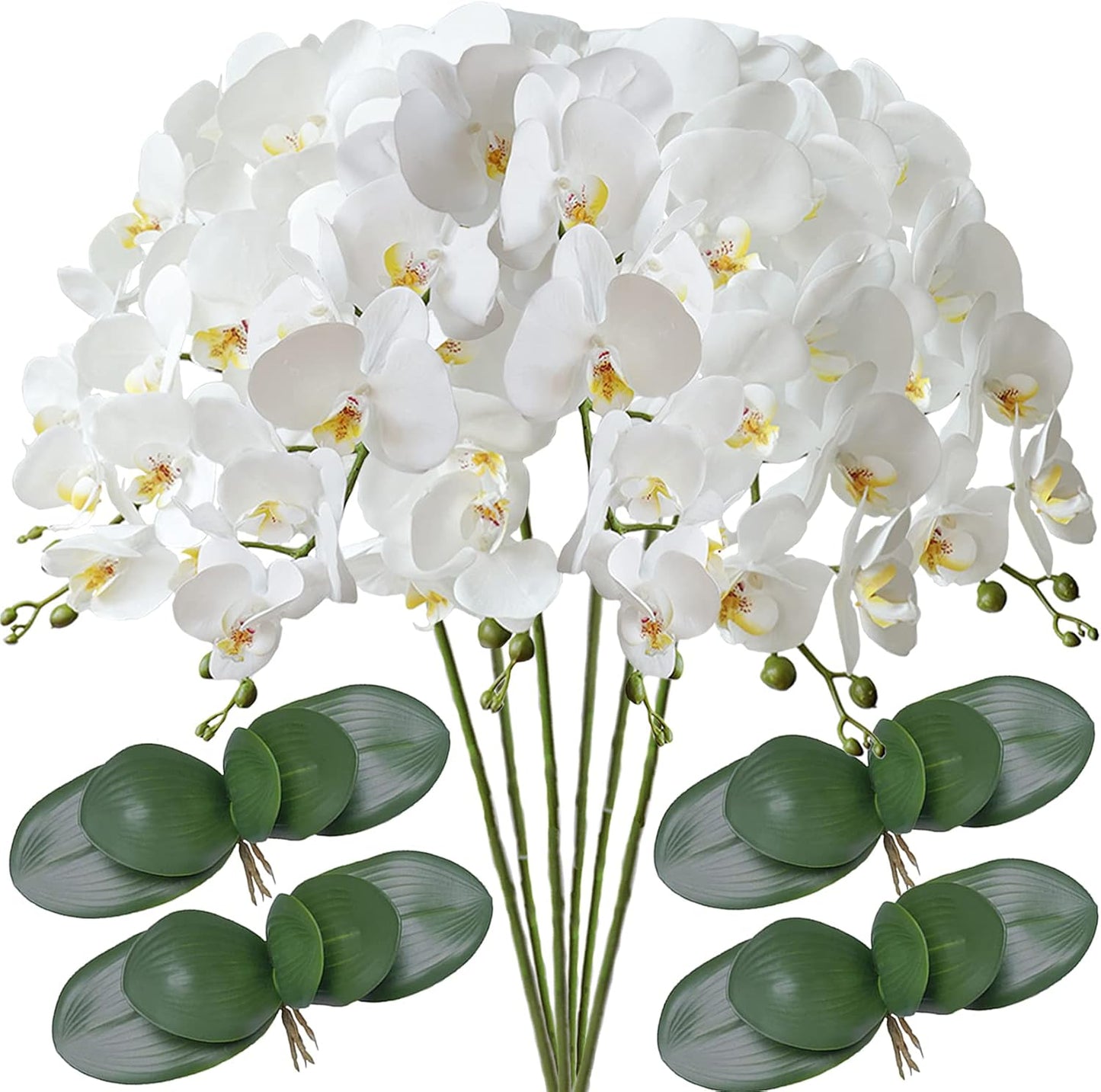 FagusHome 32" Artificial Phalaenopsis Flowers, 6 Pcs with 4 Bundles Leaves for Home Décor