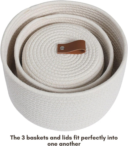Cottonphant Set of 3 Stylish Round Woven Baskets with Lids - Elegant Storage Solution for Home Decor, Off White