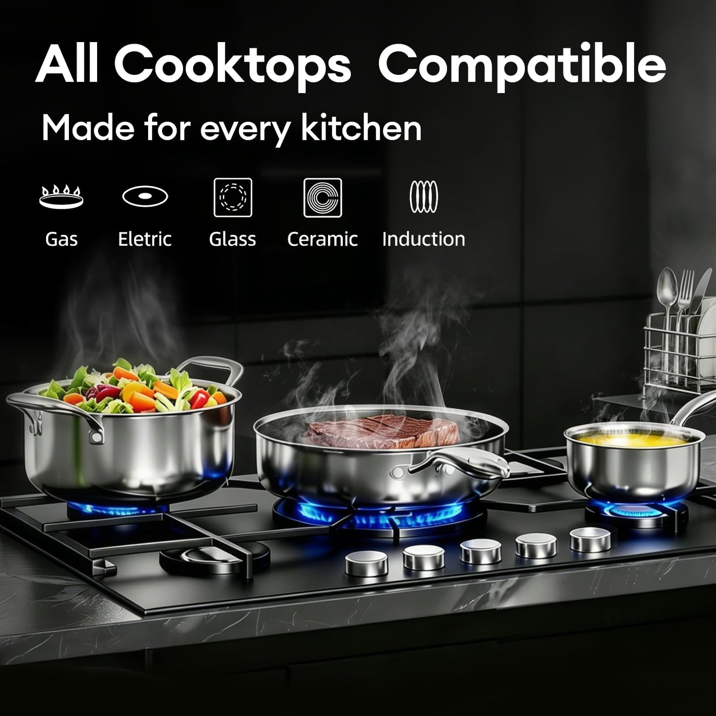 COOKER KING Stainless Steel Cookware Set, Pots and Pans Set Non Stick, Frying Pans, Saucepan, Saute Pan & Stock Pot, Non Toxic, Induction, Oven, Dishwasher Safe, PFOA Free