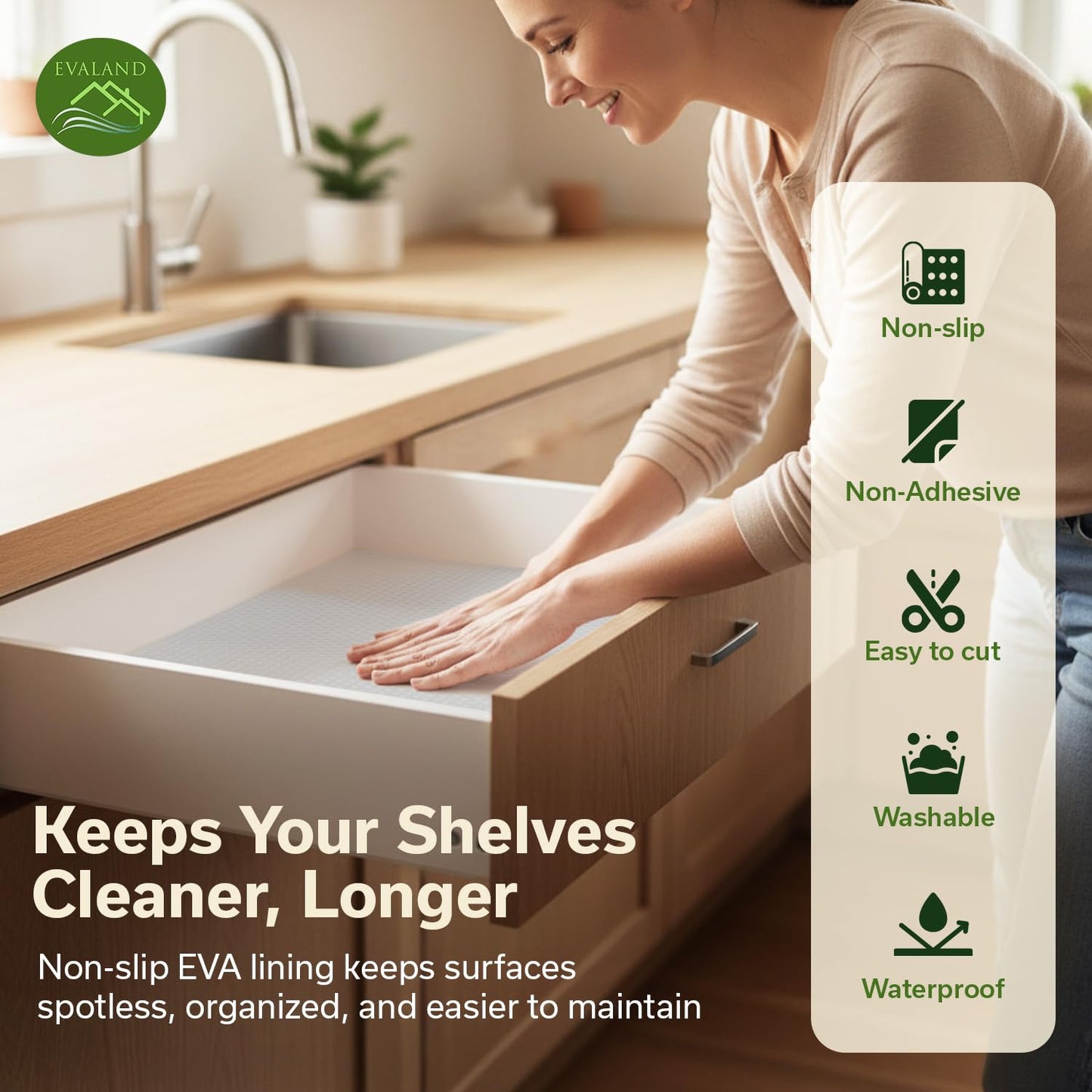 EVALAND Shelf Liners for Kitchen Cabinets Non-Adhesive 17.7" x 33 FT Clear Drawer Liner Non Slip, Washable Cabinet Liner, Waterproof Shelf Liners for Cabinets, Refrigerator Bathroom Pantry - Thickened