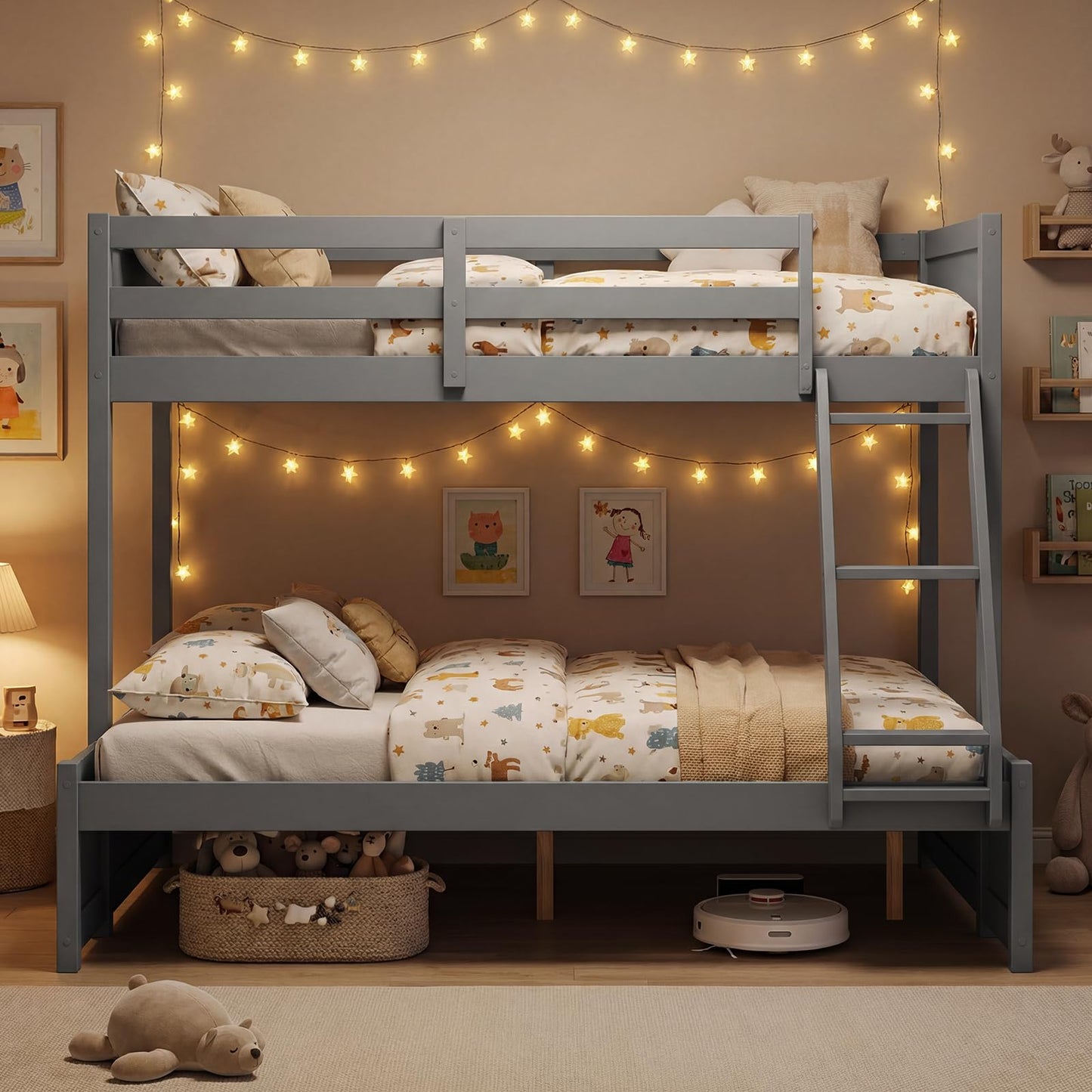 Giantex Twin Over Fulll Bunk Bed, Wood Bunk Bed with Full-Length Guardrails, Ladder, Under-Bed Storage Space for Dormitory, Bedroom, Apartment, Two Bed Frame with Slats for Teens, Kids, Adults, Grey