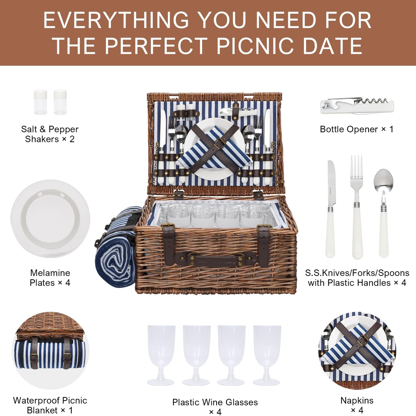 Picnic Basket for 4 Persons - Baskets with Cooler and Picnic Blanket, Classical Wicker Picnic Basket with Waterproof & Sand-Proof Beach Mat,Willow Hamper Service Gift Set