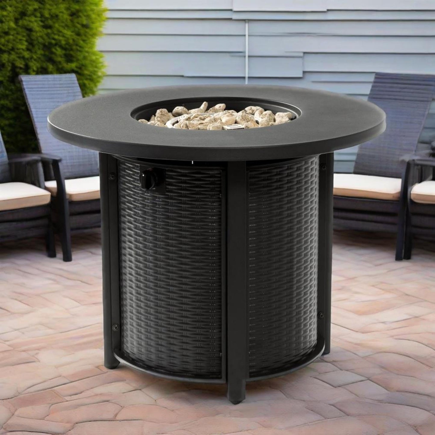 GDFStudio 32" Round Propane Fire Pit Table, 50000 BTU Outdoor Gas Heater with Steel Top & Wicker-Style Base, for Patio Deck Garden Backyard, Black