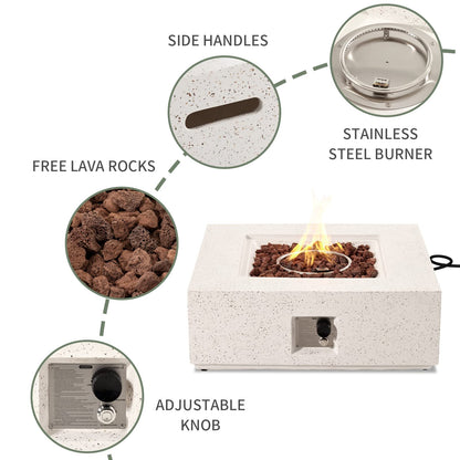COSIEST Outdoor Propane Fire Pit Coffee Table w Square Faux Stone 35-inch Base, 50,000 BTU Stainless Steel Burner, Free Lava Rocks and Rain Cover