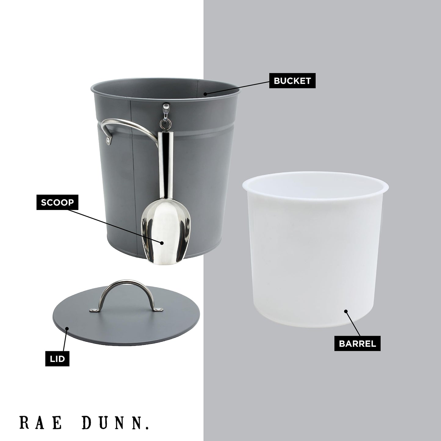 Rae Dunn Ice Bucket with Scoop - Stainless Steel Bucket with Handle, Lid and Ice Scooper - 4 Qt. Storage Bin for Ice Cubes for Bars, Parties, Backyard Barbeques, Picnics, and Camping (Grey)