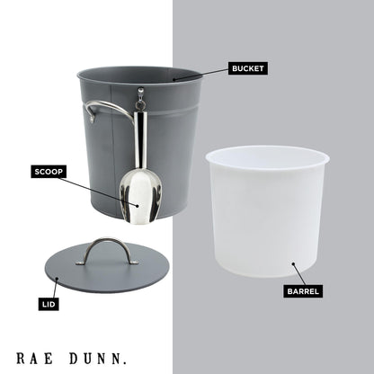 Rae Dunn Ice Bucket with Scoop - Stainless Steel Bucket with Handle, Lid and Ice Scooper - 4 Qt. Storage Bin for Ice Cubes for Bars, Parties, Backyard Barbeques, Picnics, and Camping (Grey)
