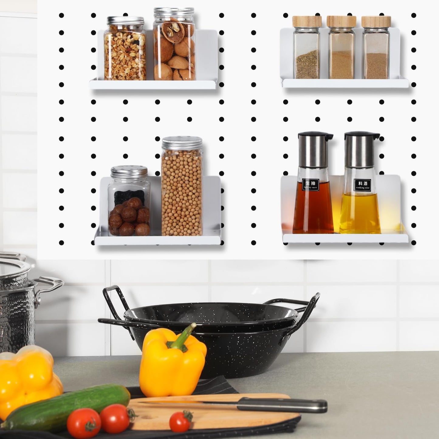 Therwen 4 Pack Magnetic Pegboard Shelves Wall Organizer Metal Pegboard Shelf Steel Tray Accessories Organizing Tools for Craft Home Kitchen(8 x 4.7 x 3.5 Inches,White)