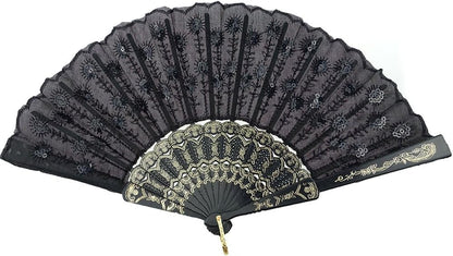 INNOLIFE Elegant Colorful Embroidered Flower Peacock Pattern Hand Fan - Hand-Crafted Folding Fabric, Full Set of 6pcs