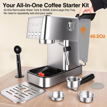 Sorgente Espresso Machine 20 Bar, Stainless Steel Coffee Maker with Milk Frother, 1350W with Fast-Heating System, Innovative Coffee Grounds Filter, Espresso Machines for Home Barista
