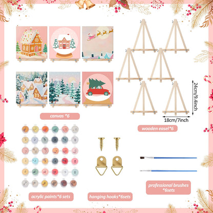 YooNotee 12 Pack Valentine's Day Paint by Numbers Kit - 8 x 8 Inches Pink Themed DIY Canvas with Wooden Display Easel, Brushes and Paints 6 Designs for Adults Family Holiday Decor