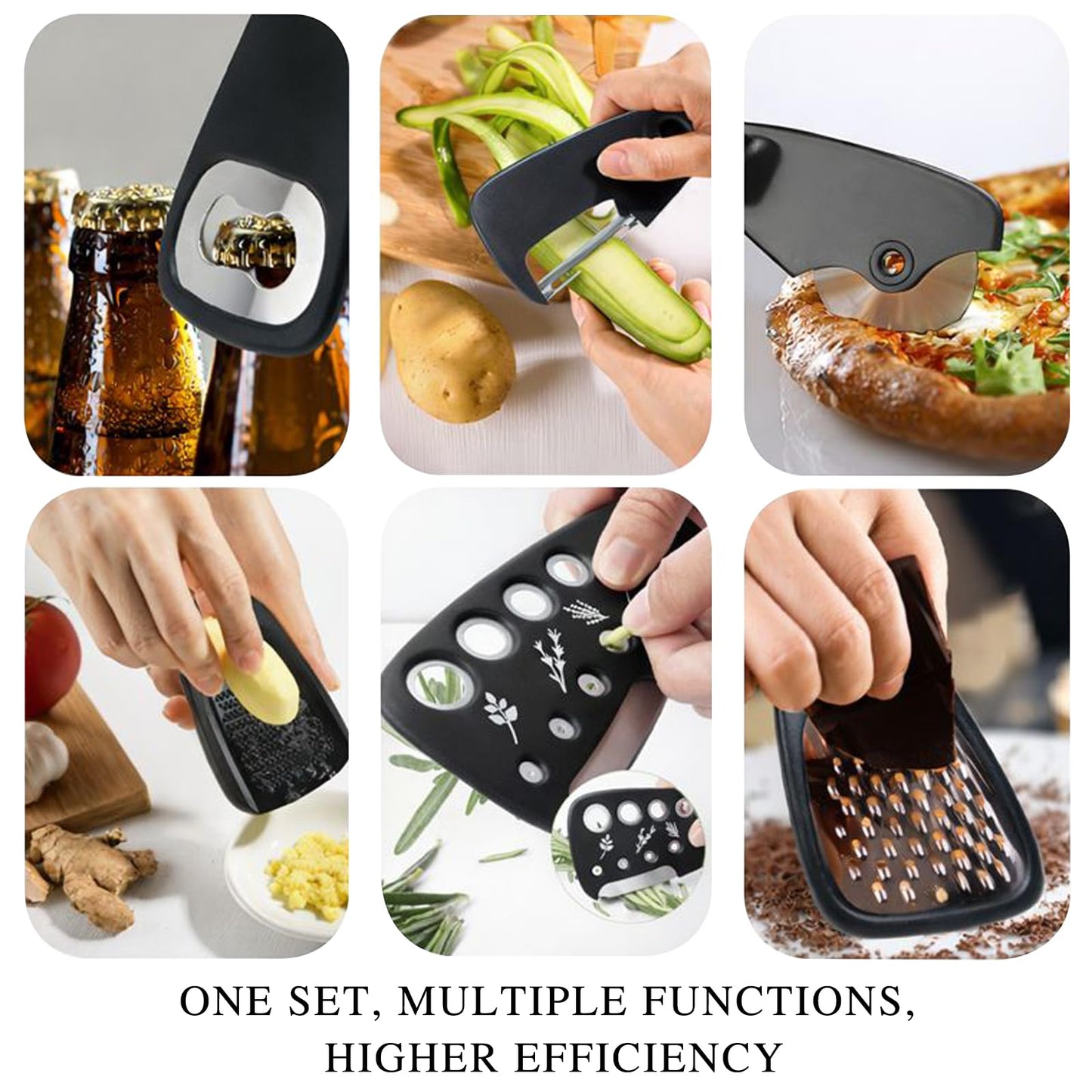 6-Piece Unique Kitchen Gadget Set in Black, Stackable Space-Saving Tools Including Grater, Peeler, Pizza Cutter, and Bottle Opener
