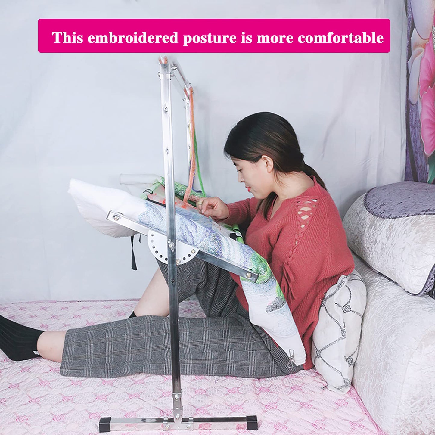 ELUKHT Embroidery Stand, Stainless Steel Needlework Floor Frame, Adjustable Cross Stitch Craft Stand, with 12 Hanging Wire Buckles, Standing Embroidery Lap Table, for Arts Crafts Sewing Needlework