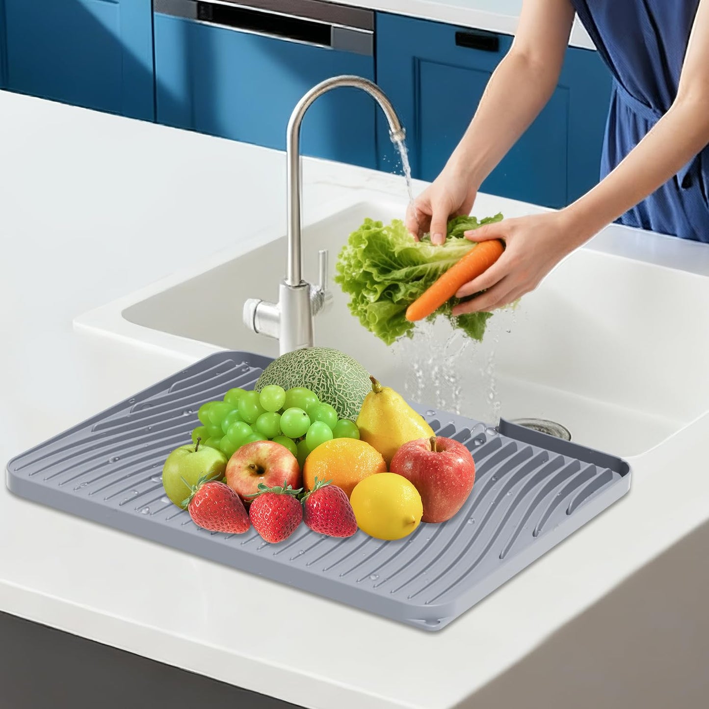 Silicone Dish Drying Mat for Kitchen Counter, Dish Drying Pad, Non-Slip Drain Pad with Built-in Drain, Heat Resistant Stone Drying Mat