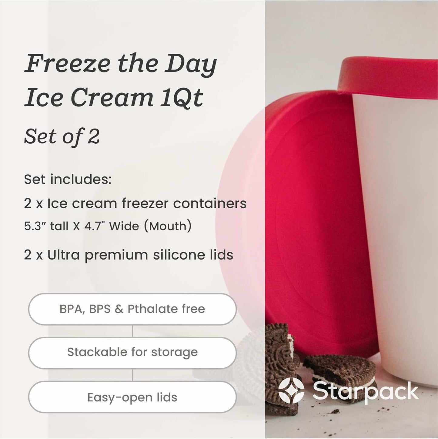 Starpack 'Freeze the Day' Ice Cream Storage Container, 2 Pcs, 1 Quart for Homemade Dessert