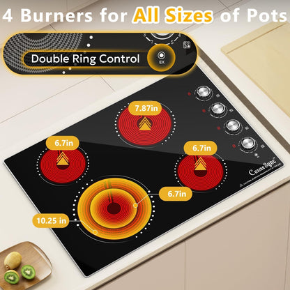 Cusinesync 30 Inch Built-In Electric Ceramic Glass Cooktop, 4 Burners, 7200W Total Power, Knob Control, Compatible with Flat-Bottom Cookware, 220-240V Hardwired