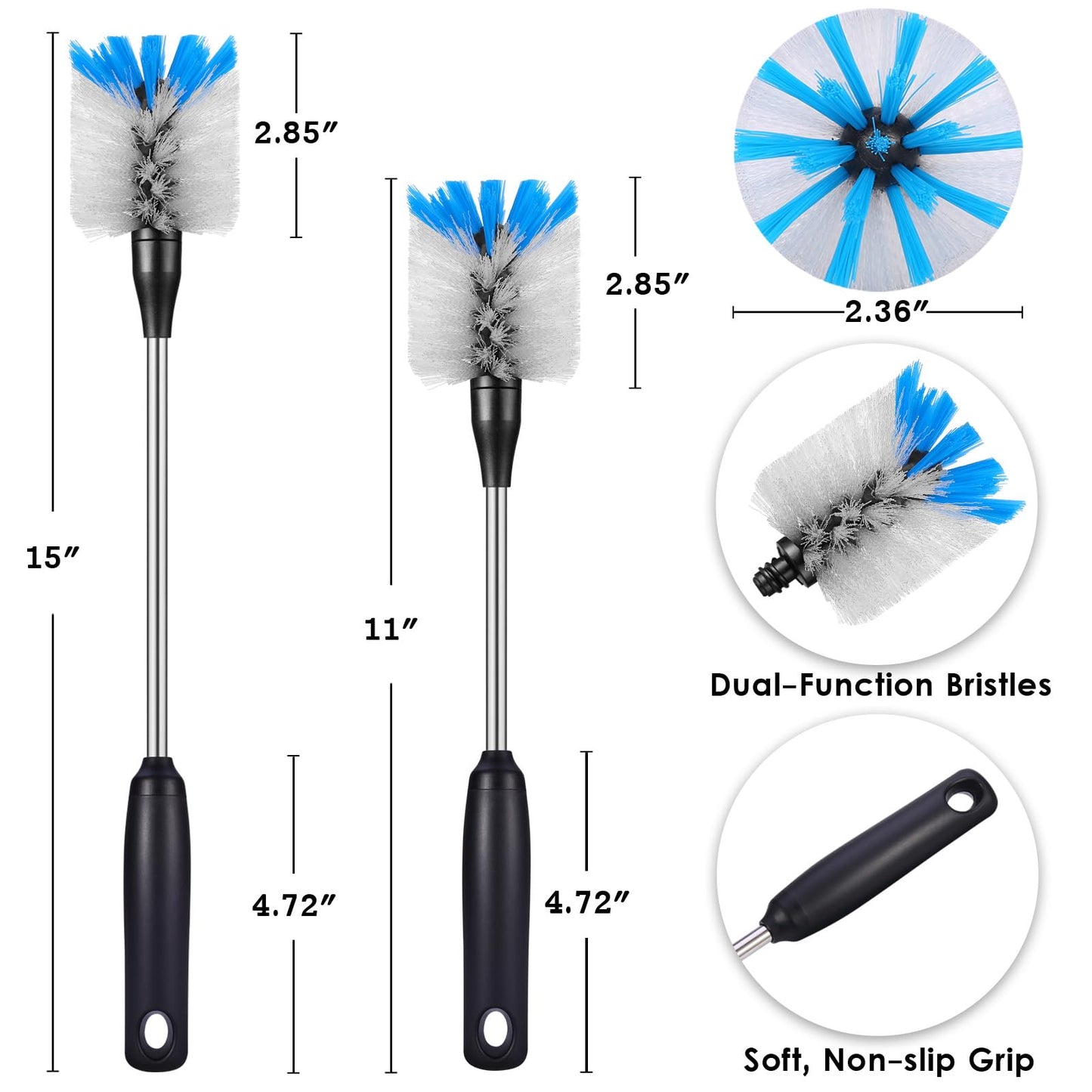 MOSOLAN Stainless Steel Bottle Brush with Replaceable Head, 2 Pack Long Handle Scrubbing Brush for Water Bottles, Glasswares, Mugs, Flasks, Tumblers, Vases, and Kitchen Sink, 13 in - 15 in
