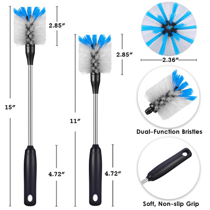 MOSOLAN Stainless Steel Bottle Brush with Replaceable Head, 2 Pack Long Handle Scrubbing Brush for Water Bottles, Glasswares, Mugs, Flasks, Tumblers, Vases, and Kitchen Sink, 13 in - 15 in