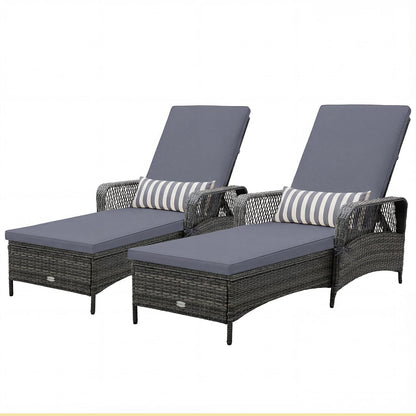 HAPPYGRILL 2PCS Patio Rattan Chaise Lounge, Outdoor PE Wicker Sun Lounger with Adjustable Backrest, Cushion & Pillow, Reclining Sunbed for Balcony Poolside Yard (Mix Gray & Gray)