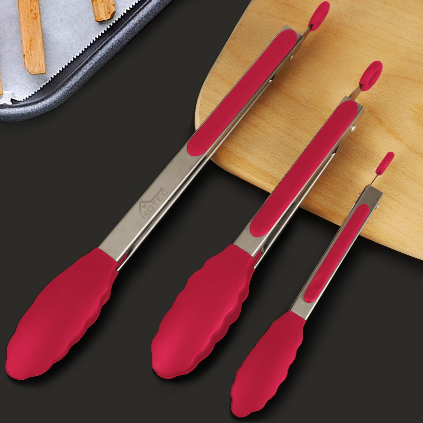 HOTEC Premium Stainless Steel Locking Kitchen Tongs with Silicon Tips, Set of 3-7", 9" and 12" (Red)