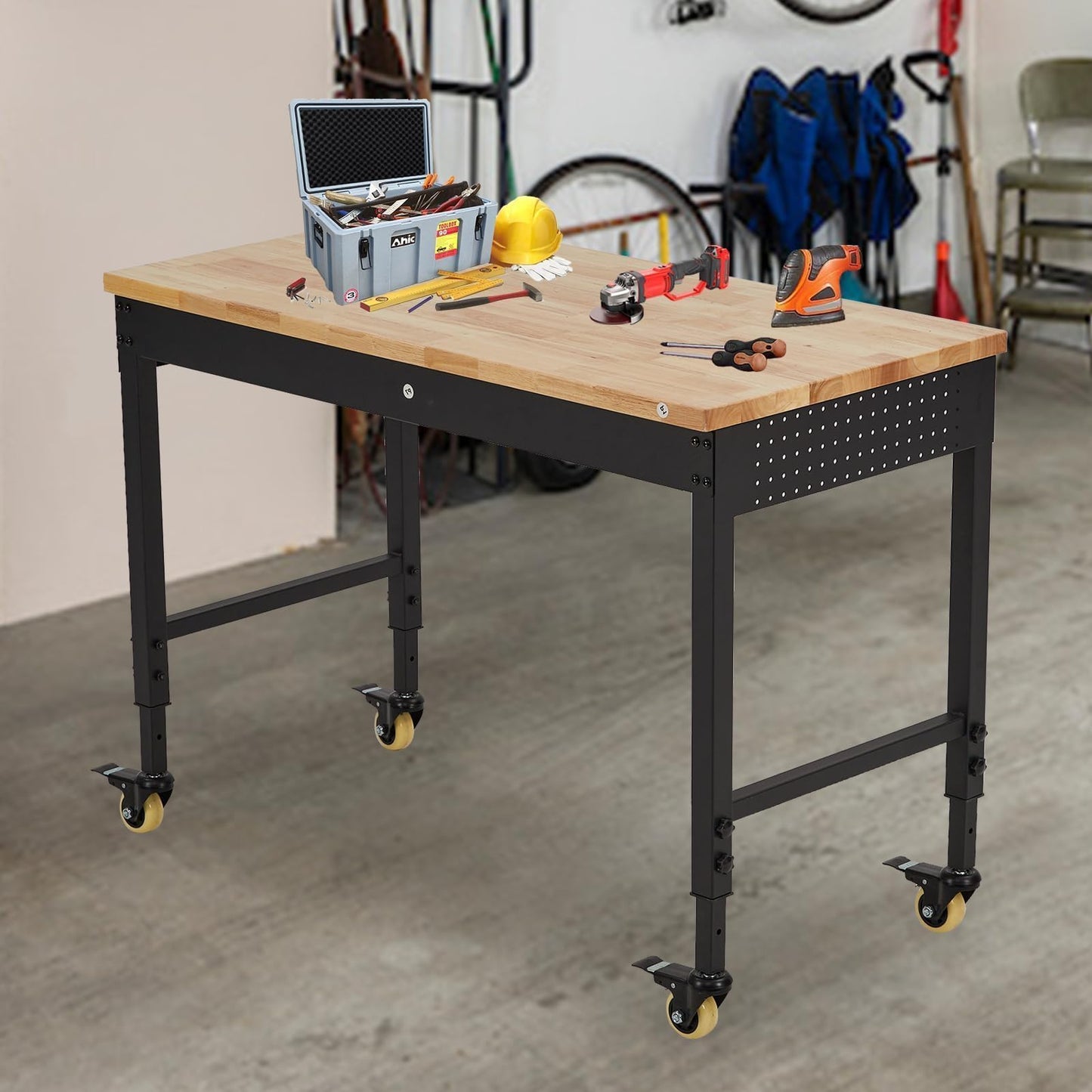 72” Adjustable Workbench with Drawer & Backplate, Heavy Duty Rolling Work Table, 2000 LB Capacity, Rubberwood Top, Power Outlets, Lockable Wheels, Garage Workshop Workbench with Storage