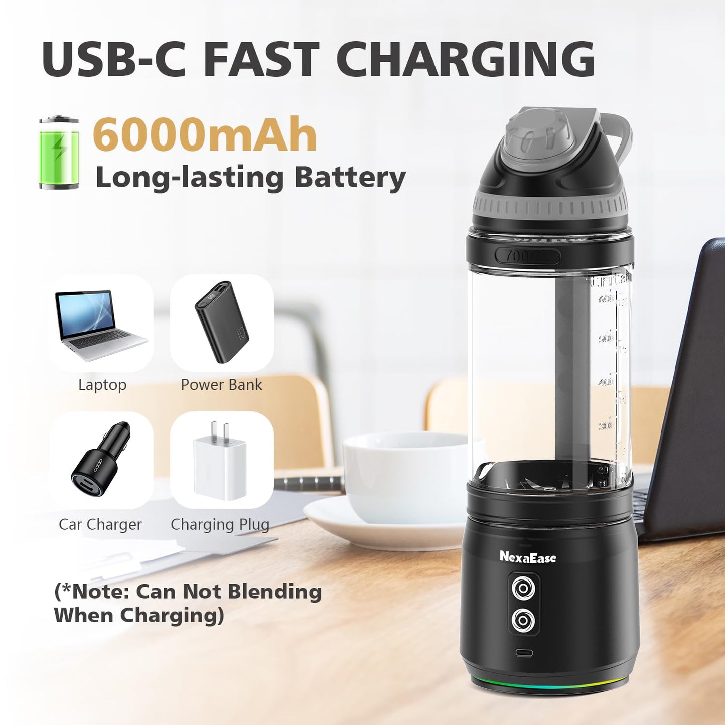 Portable Blender Personal Juicer for Shakes and Smoothies - 20 OZ Electric Protein Shaker Bottle with Insulated Sleeve, Travel Lid, USB-C Rechargeable - Mini Small Blender Cup for Kitchen, Office, Gym
