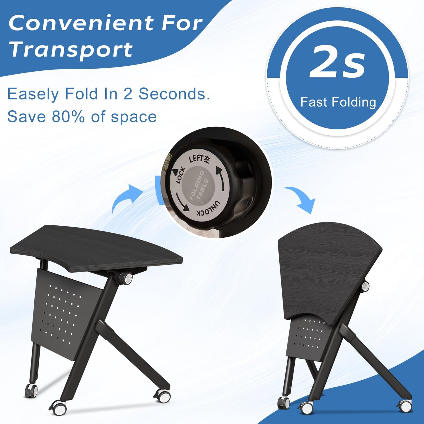 JFazzruit Folding Conference Table,Fan-Shaped Conference Room Tables with Wheels, Mobile Modular Seminar Meeting Desk for Classrooms,Office & Seminar (6, Fan-Black)