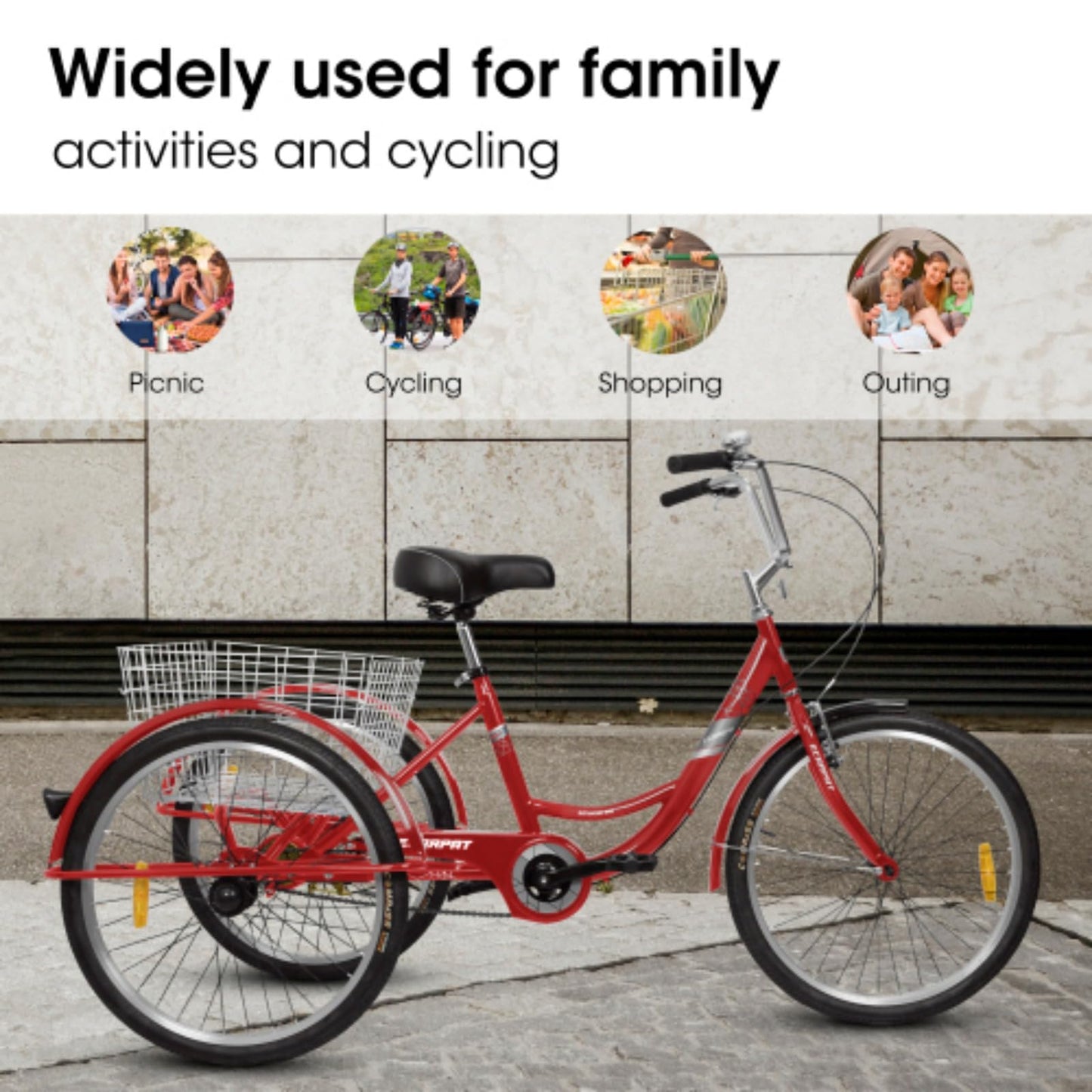 RENPINYOUX Tricycle, Adult Tricycle, 24" Tricycle with Shopping Basket, 350 Lb Capacity, Easy to Install, Suitable for Seniors, Women and Men