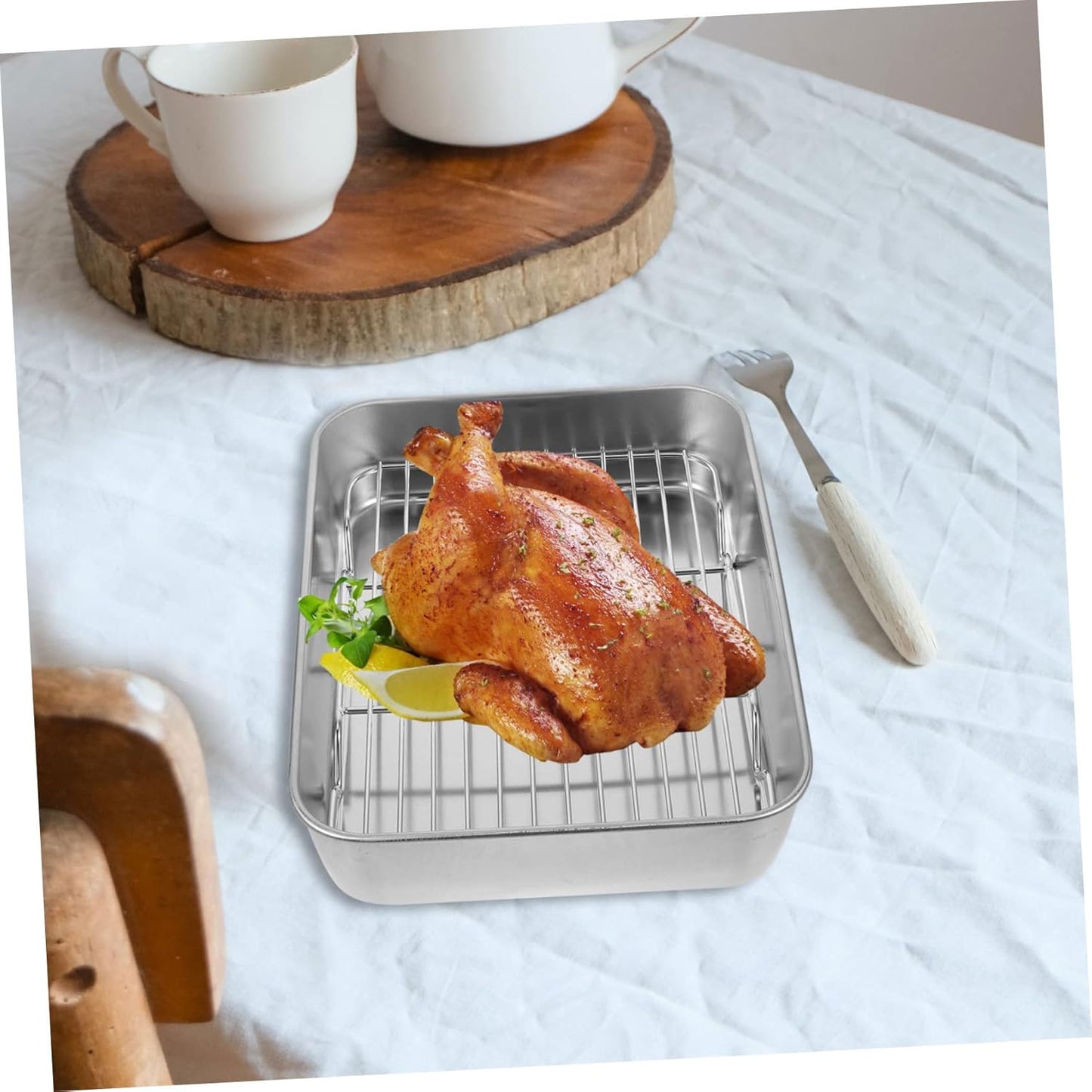 PRETYZOOM Grill Pan Set with Lid, Baking Pan with Roasting Rack, Metal Baking Tray for BBQ Grills