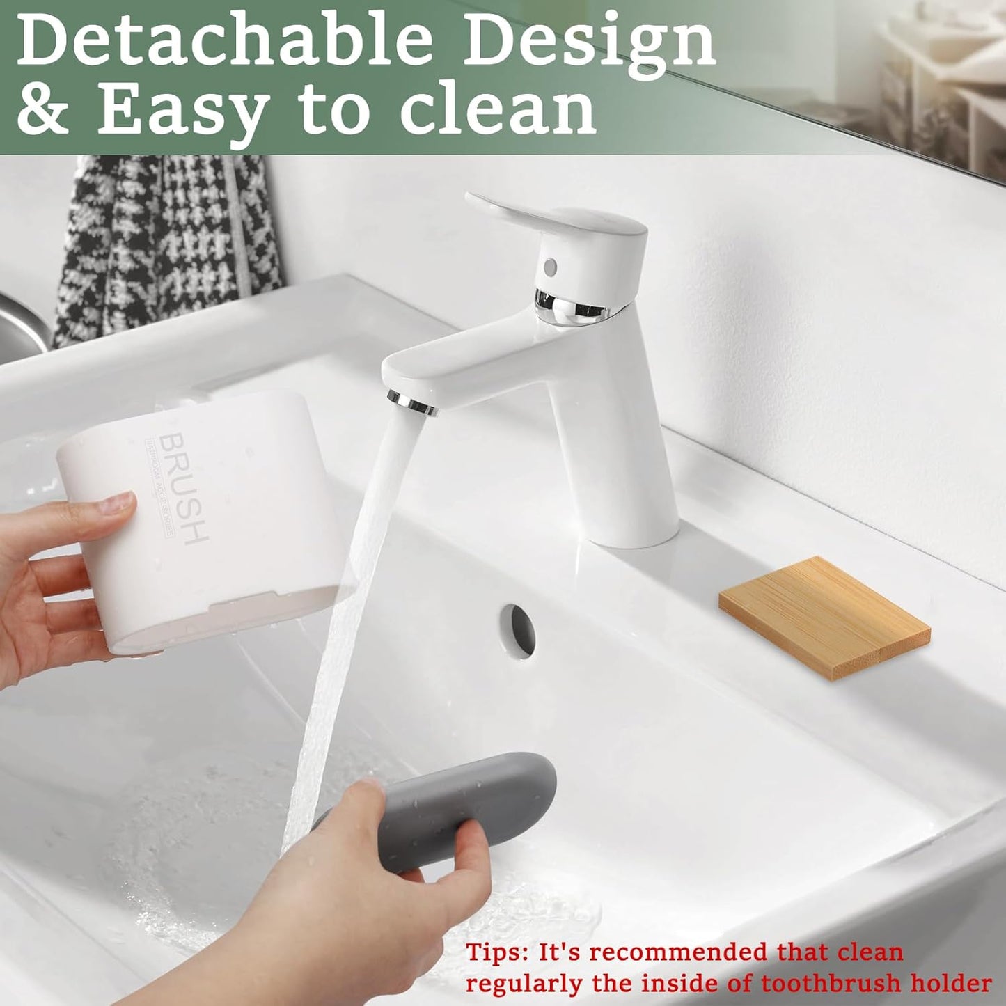 Skiennix Toothbrush Holder - Bamboo Divider Bathroom Organizer with Detachable Design | 2 Slots, White