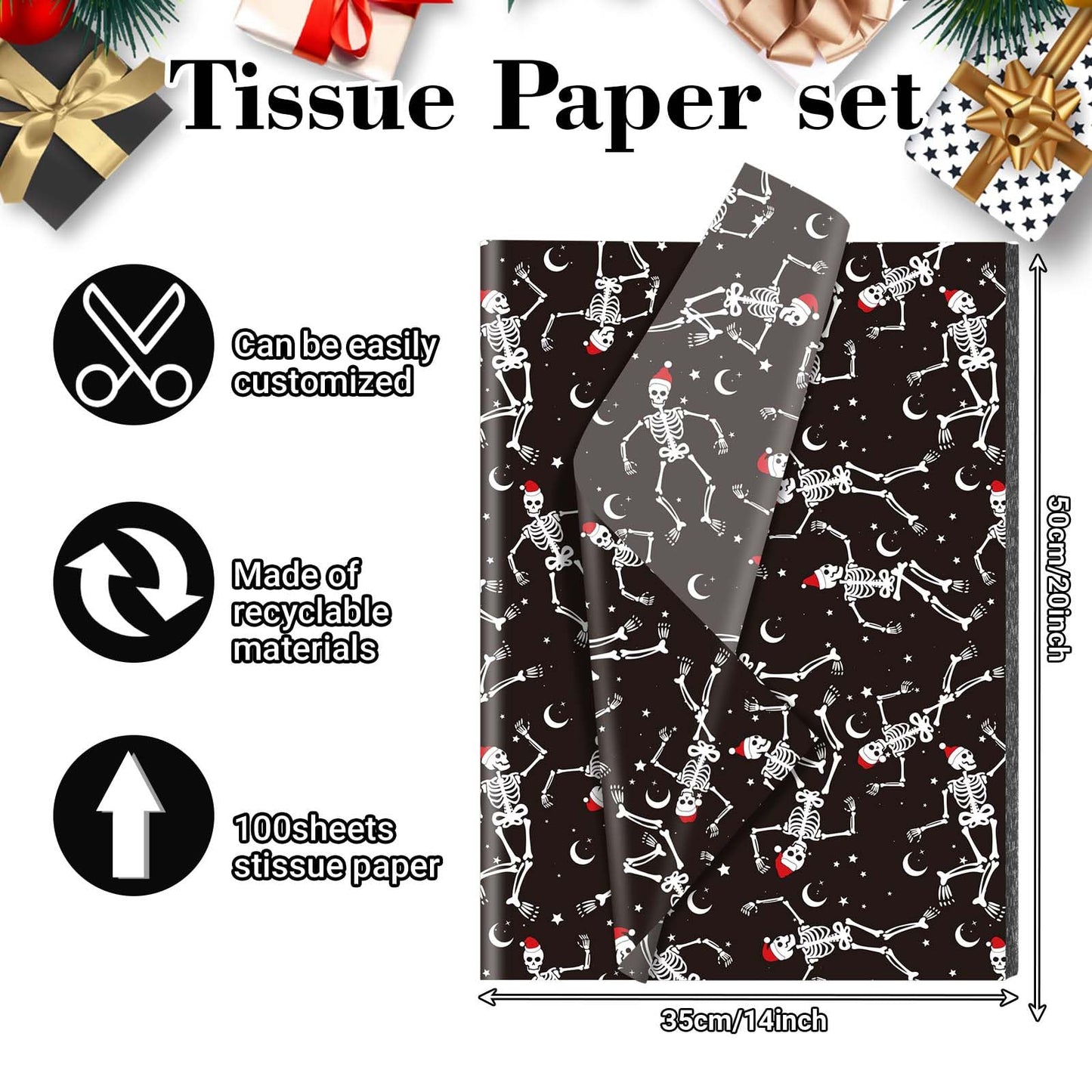Bolsome 100 Sheets 20 * 14 Inches Christmas Tissue Paper for Gift Bags Black Dancing Skeleton with Santa Hat Printed Tissue Paper Spooky Decorative Tissue for Xmas Party Winter Holidays DIY Crafts