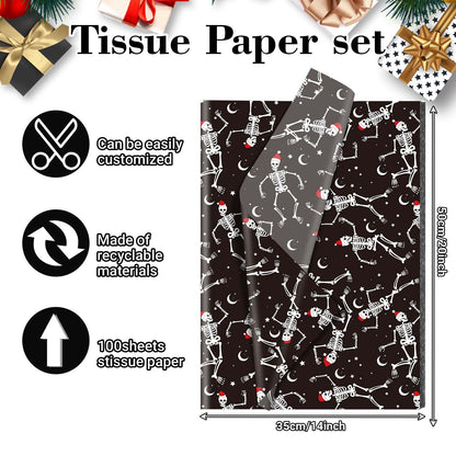 Bolsome 100 Sheets 20 * 14 Inches Christmas Tissue Paper for Gift Bags Black Dancing Skeleton with Santa Hat Printed Tissue Paper Spooky Decorative Tissue for Xmas Party Winter Holidays DIY Crafts